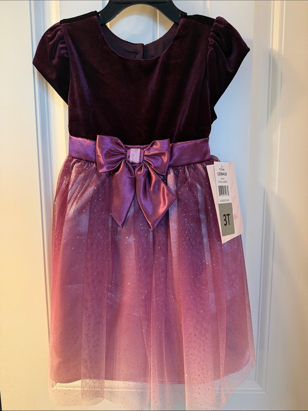 Girls Purple Velvet & Tulle Bow Party Dress - 3T